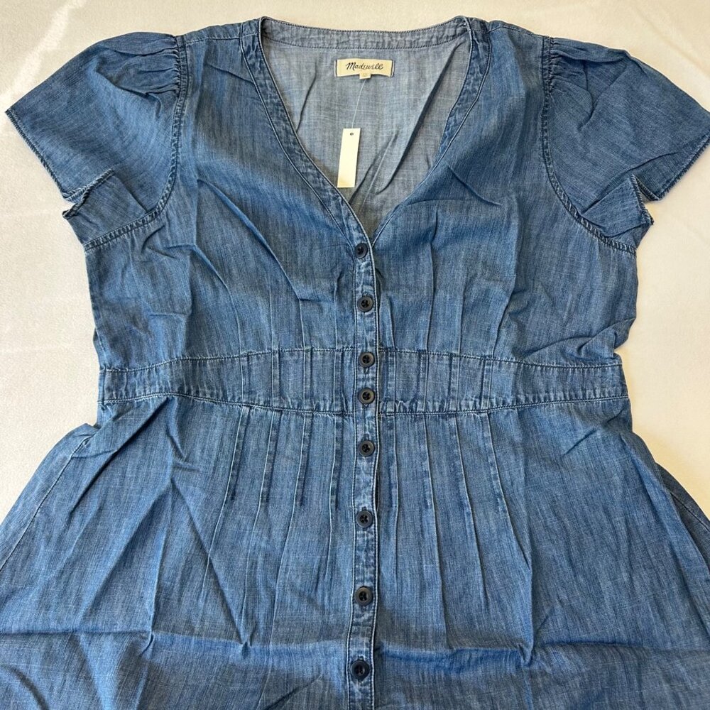 Madewell Denim Chambray Pleat-Waist Midi Dress Button Up Size 18 Blue Cottage - Picture 4 of 10